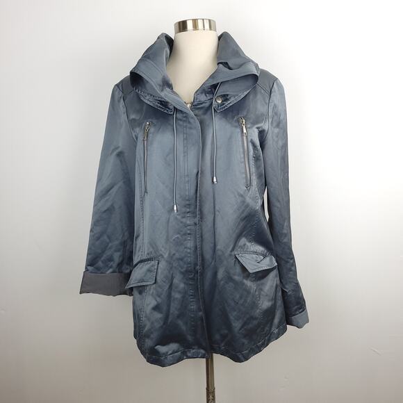Lafayette 148 New York Silver Metallic Zip Up Jacket Scrunch Hood Size 8 - Picture 1 of 16